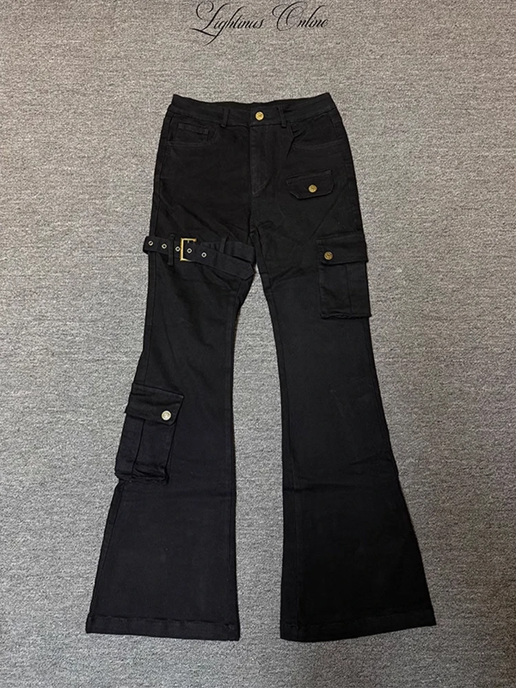 

Широкие джинсы с поясом в американском стиле High Street Vibe, мужские и женские утягивающие длинные брюки с высокой талией, рабочая одежда, джинсовая одежда
