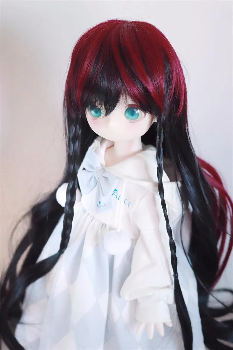 BJD Doll wig suitable for 1/3 1/4 size bangs long curly hair high temperature silk red and black braid doll accessories