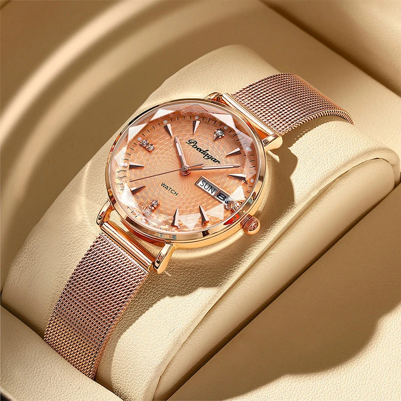 POEDAGAR Diamond Dial Womens Watch Fashion Rose Gold Steel Mesh Strap Ladies Watches Luxury Brand Waterproof Luminous Date Clock