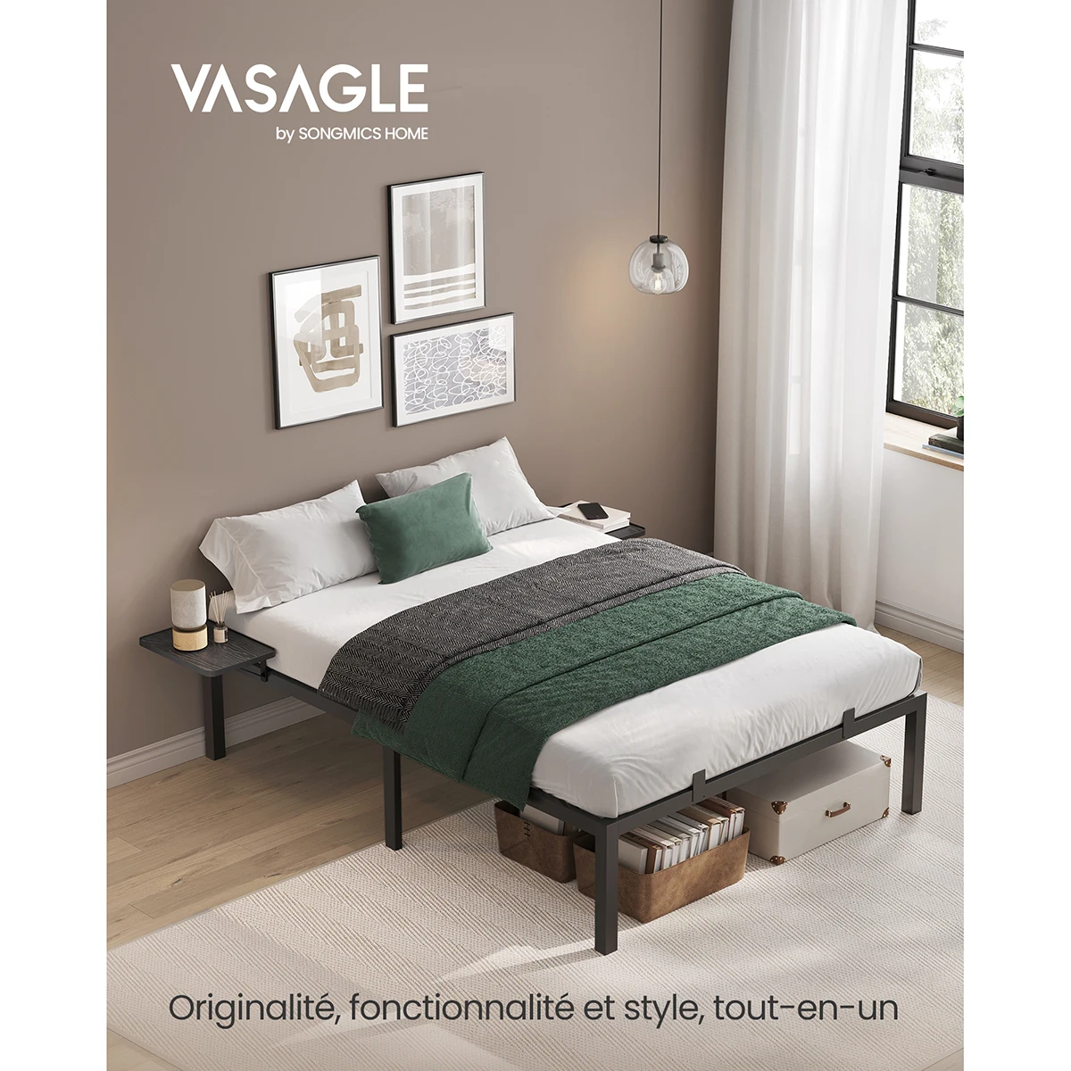 VASAGLE Lit Double, Lit 2 Personnes, Cadre de Lit en Métal avec Étagères de Rangement, Lit Adolescent, Adapté pour Matelas 140 x 190 cm, Montage Facile