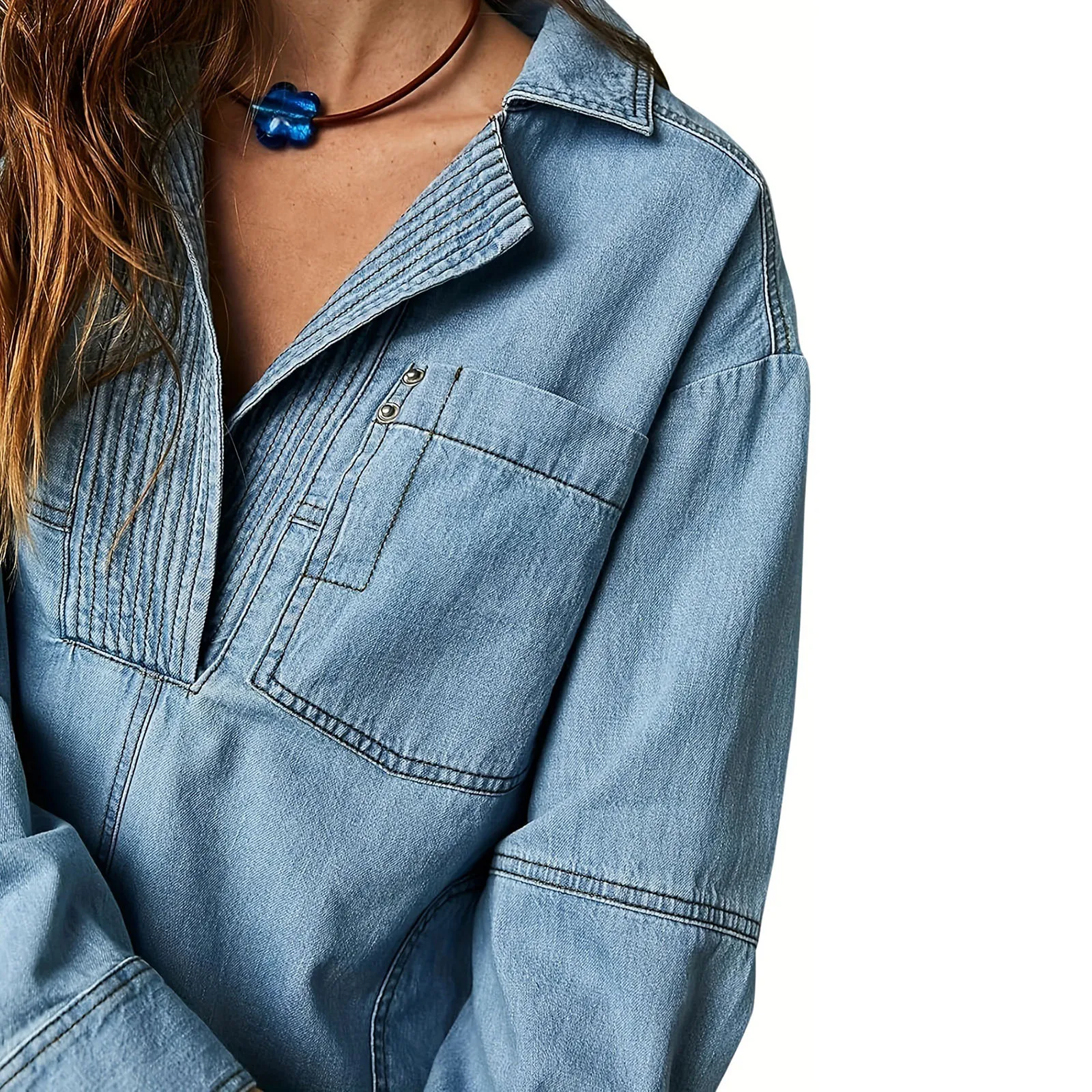 Women Long Sleeve Denim Tops Casual V Neck Loose Fit Jean Pullover Shirt Jacket with Pockets