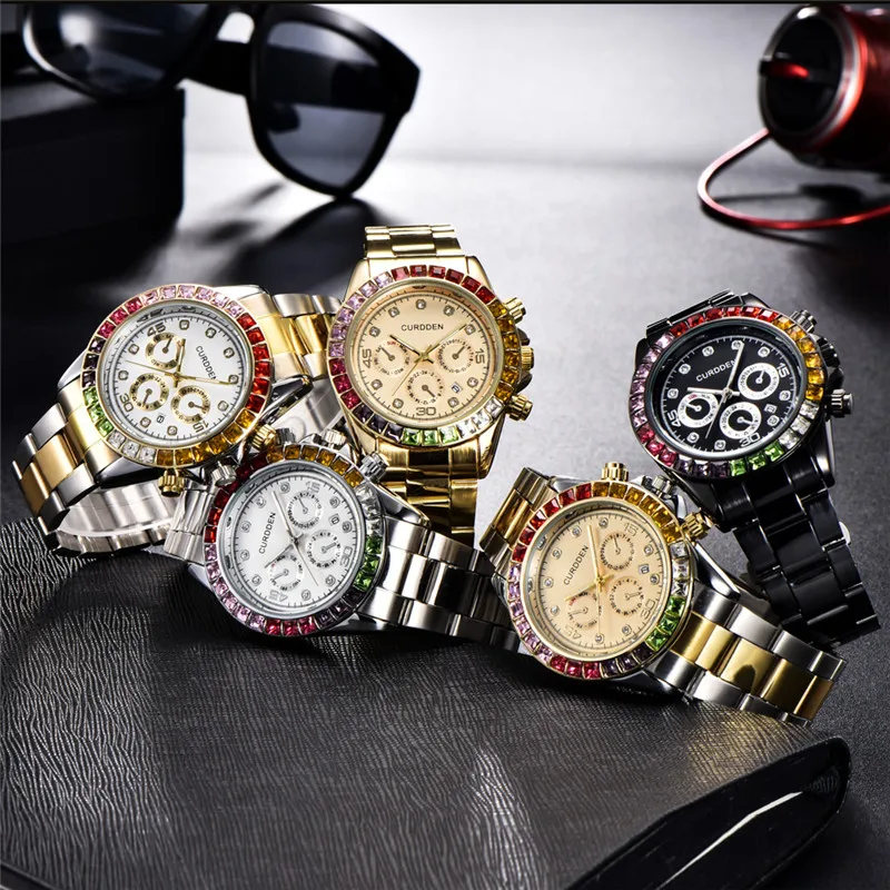 Men Brand Golden Watches Students Boys Fashion Full Stainless Steel Band Diamond Date Quartz Watch Reloj Hombre Acero Inoxidable