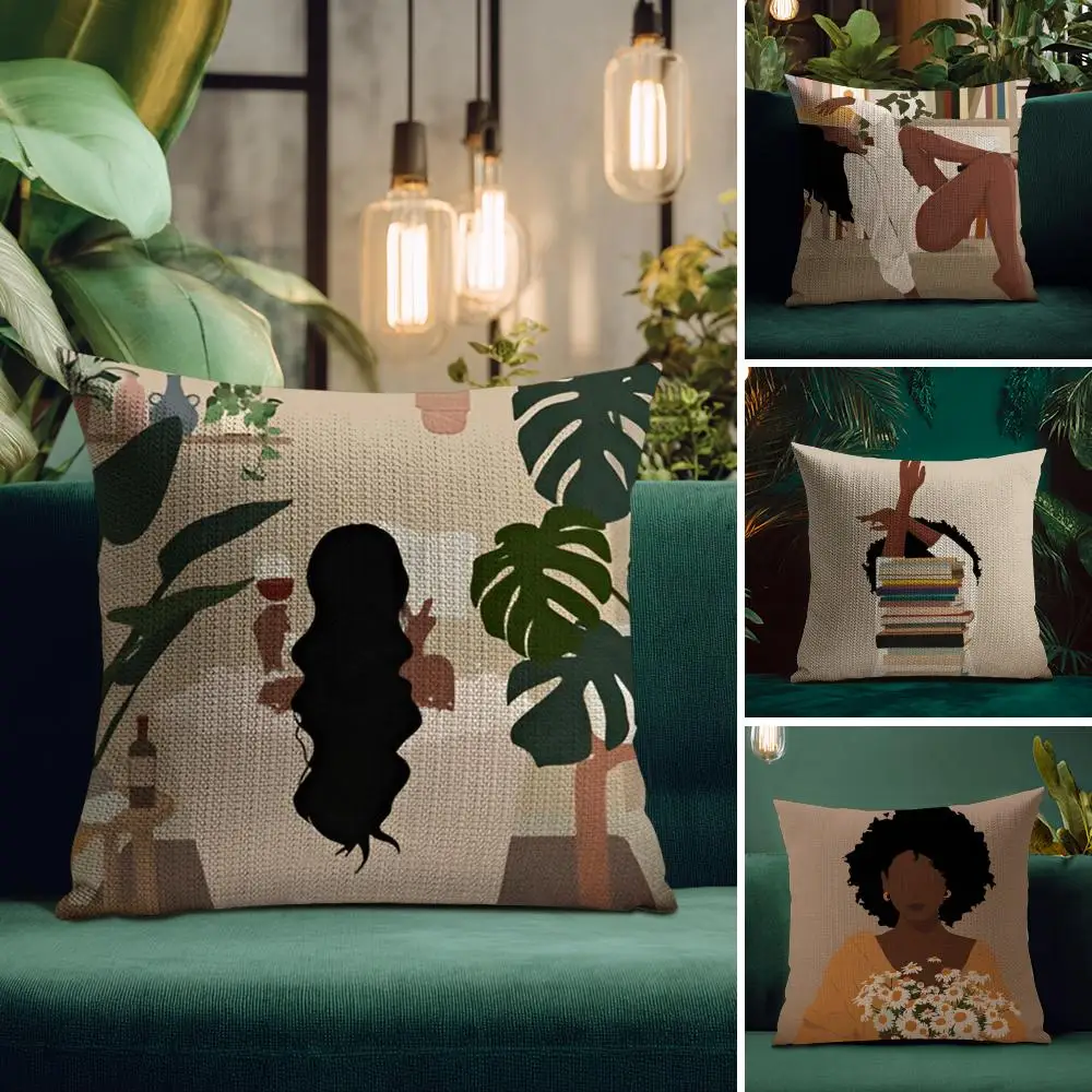 

Черная женщина, художественная аниме-наволочка из натурального льна, органическая ткань, двухсторонняя дышащая печать, идеально подходит для домашнего декора