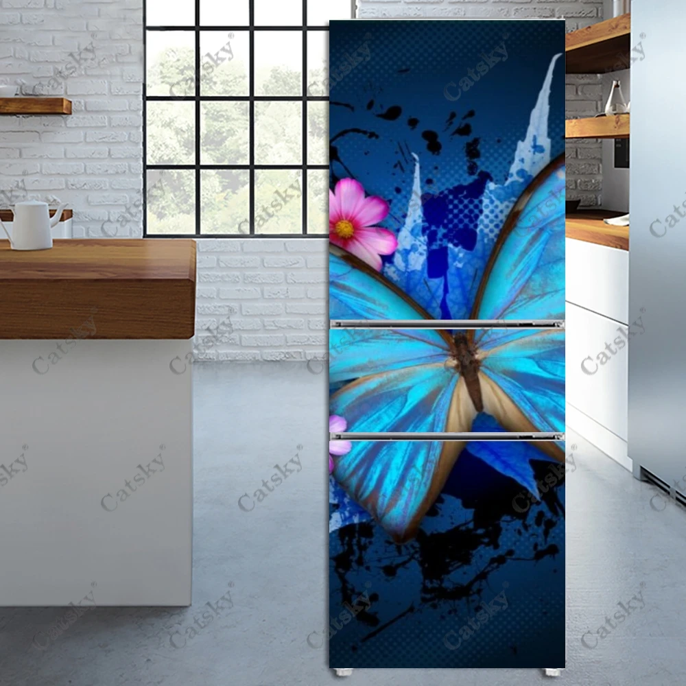 

Blue Butterfly Fridge Door Printing Decoration Cover Wall Sticker Self-adhesive Flower Refrigerator Stickers Wallpaper Home Gift