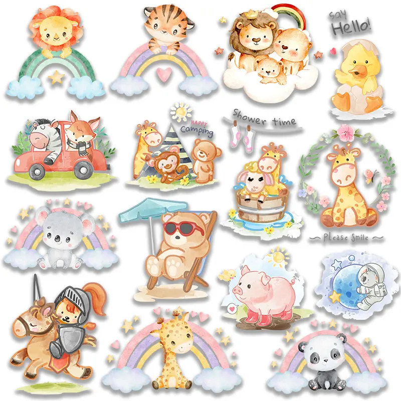

Rainbow Elephant Koala Panda Giraffe Cute Cartoon Stickers Washable Iron-on Transfers for Kids' Clothes