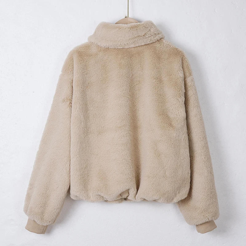 Winter Nieuwe Mode Nepbontjas Voor Vrouwen Lange Mouw Kraagvorm Losse Rits Warm Pluche Uitloper Bont Beige Jas Vrouwelijke