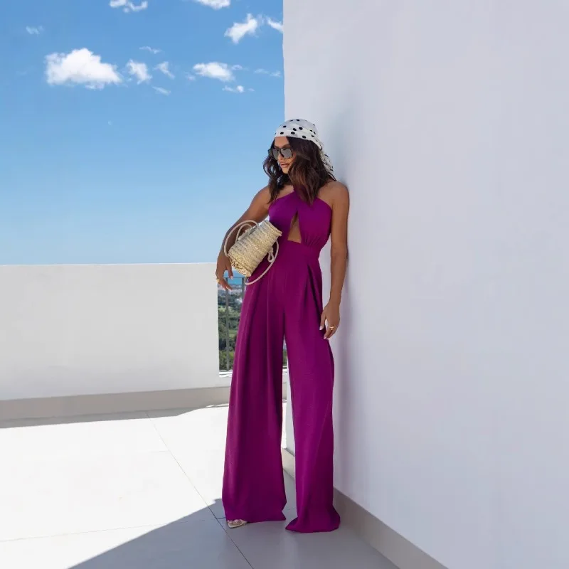 

2025 новый летний однотонный сексуальный комбинезон без рукавов с открытыми плечами и подвесным воротником на талии для женщин