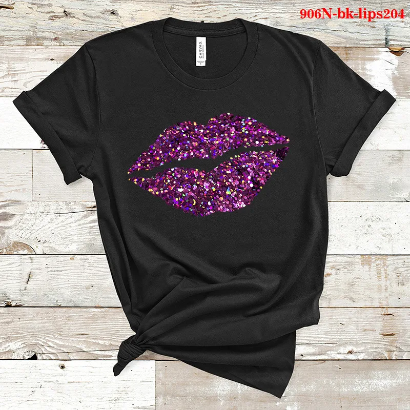 Camiseta con estampado de labios de colores para Mujer, blusa holgada de manga corta con cuello redondo, ropa Sexy