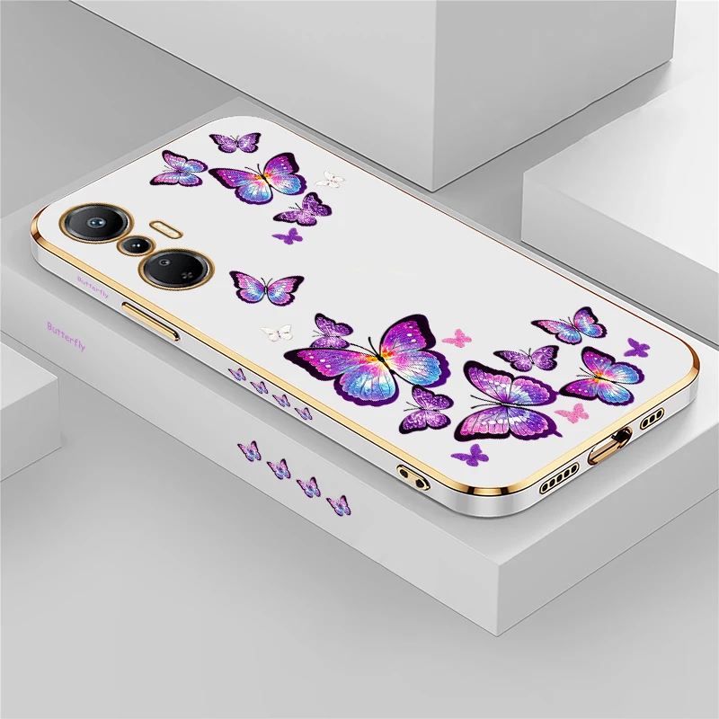 Art Purple Butterfly Phone Case For Infinix Hot 60 5G 40 Pro 20 i 30 20S Lens Protect Plating Silicone Soft Full Protection Capa