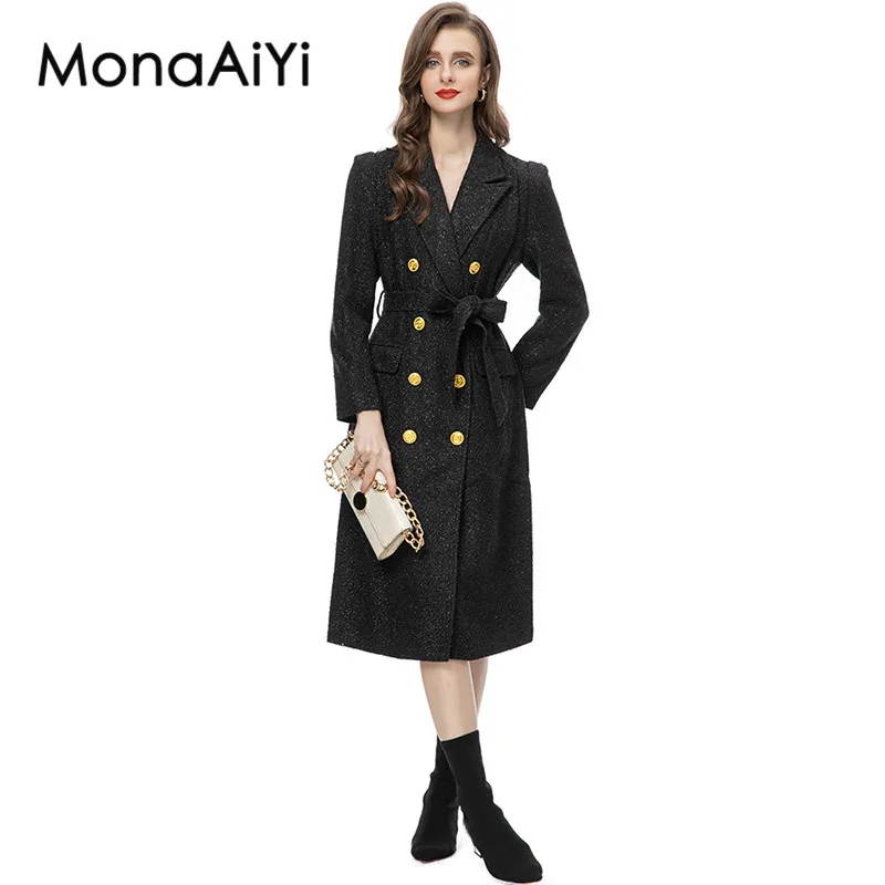 

MonaAiYi Fashion Designer Autumn/Winter Outerwear Women's Lapel Double-Breasted Girdle Around The Waist Black Woolen Coat