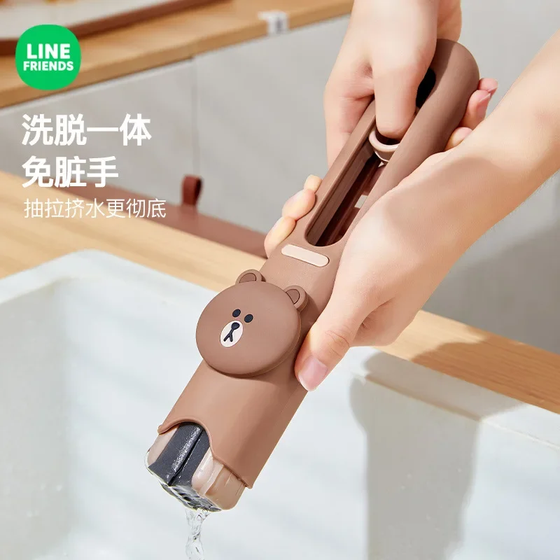 LINE FRIENDS nuevo dibujo animado marrón hogar lavable a mano giratorio fregona para el hogar Anime Kawaii baño cocina mesa Mini fregona