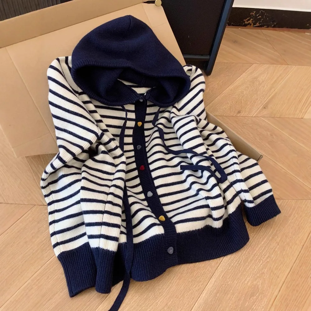 

Autumn WinterLaid-back Color Block Striped Hooded Zipper Knitted Open Cardigan Women's Loose Fit Sweater Jacket Casual Style