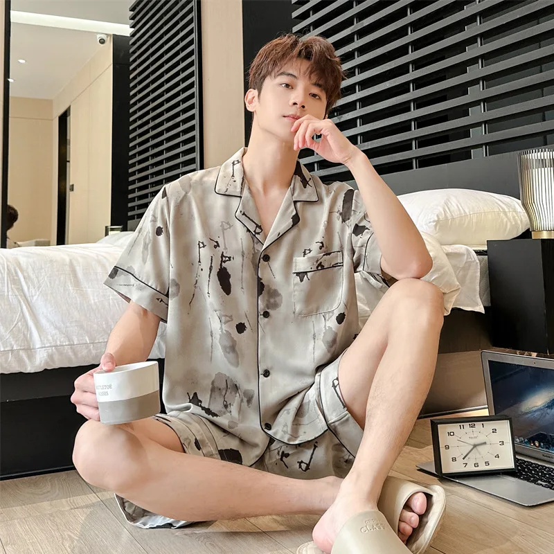 

Fashionable Comfortable Ice Silk Pajamas Men Short Sleeve Shorts Tie Dye Summer High-grade Casual Breathable Loose Pyjamas Sets