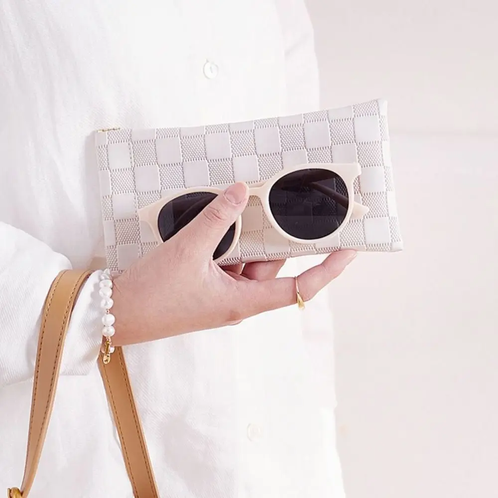 Lattice Mini Leather Sunglasses Bag Large Capacity Plaid Self-closing Coin Purse Storage Bag Simple Small Lipstick Bag