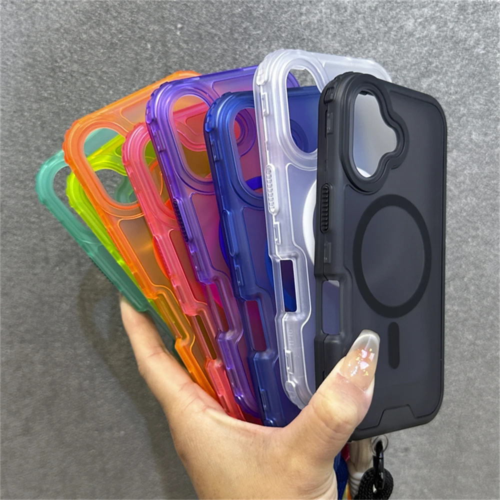 3in1 Armor Matte Translucent Magnetic For Magsafe Lanyard Wrist Strap Case For iPhone 15 11 12 13 14 16 Pro Max Plus Hard Cover