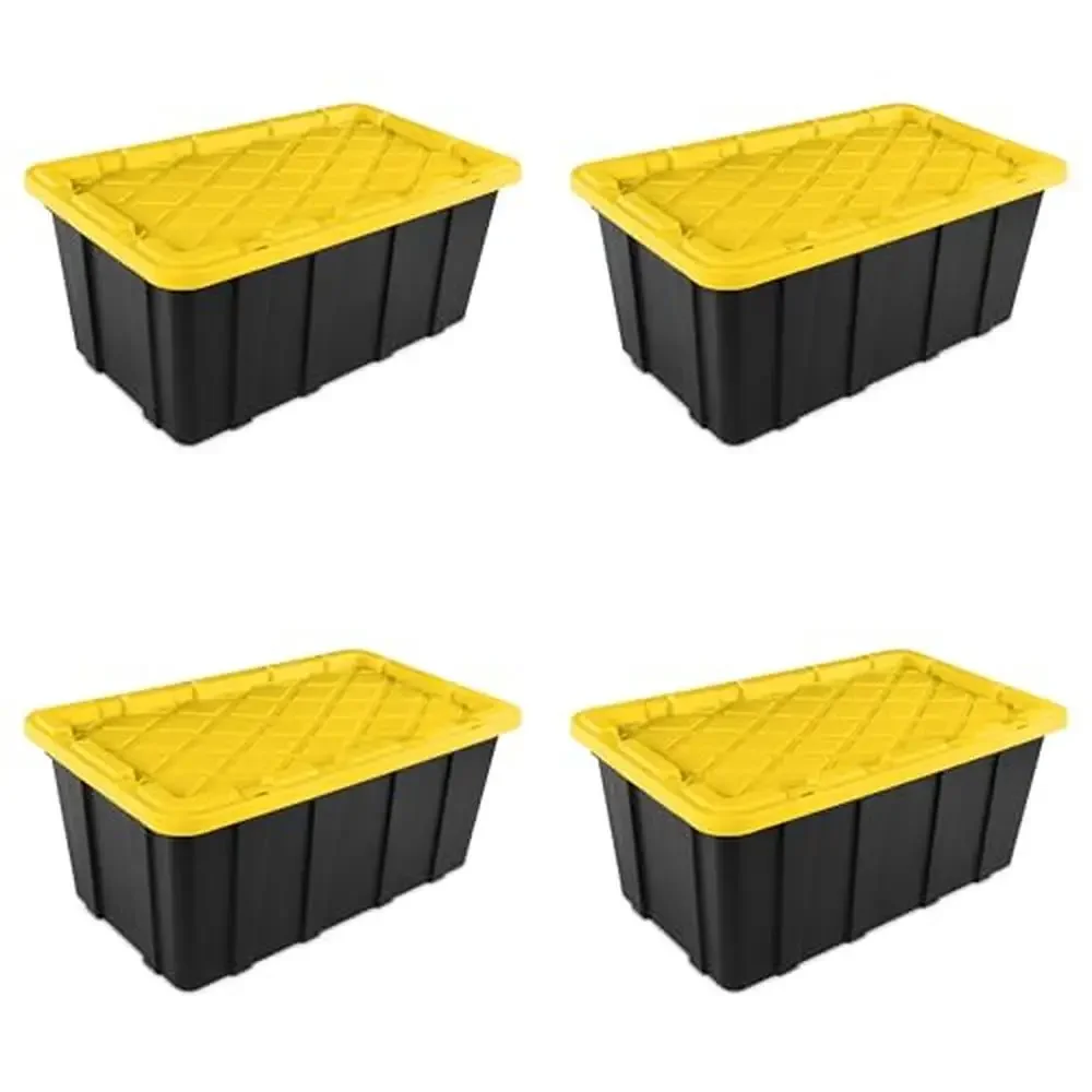 Industrial Stackable Storage Bin with Snap-Fit Lid Garage Basement & Attic Storage Black Base and Yellow Lily Lid Durable and