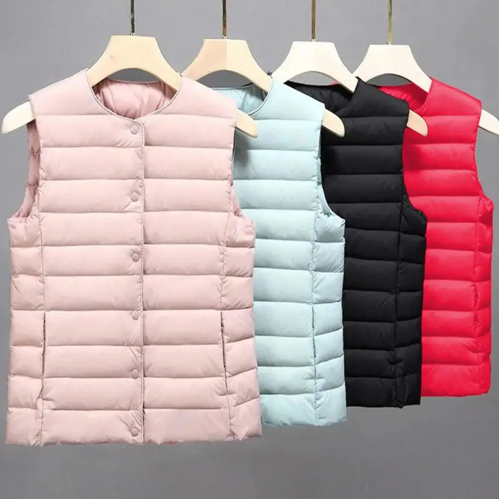 1Pc Women Cotton Vest Single-breasted Round Neck Vest Stylish Women's Winter Cotton Coat with Thickened Padding for Cold Weather