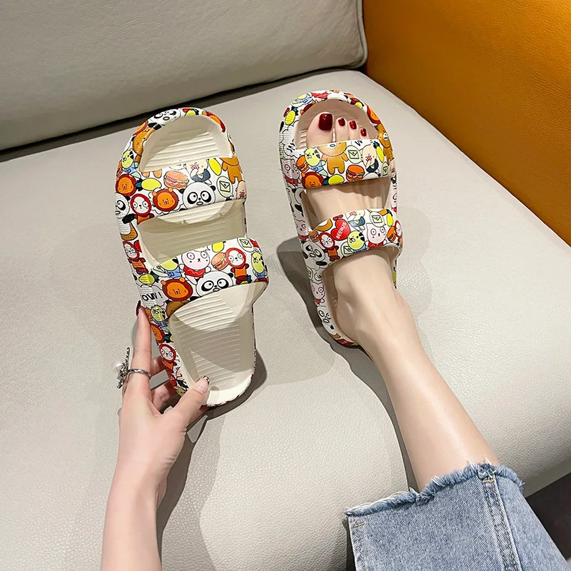 Summer Women's Slippers Thick Bottom Graffiti Home Indoor One-Tip Slippers Anti-slip Soft Bottom Couple Double Strap Sandals