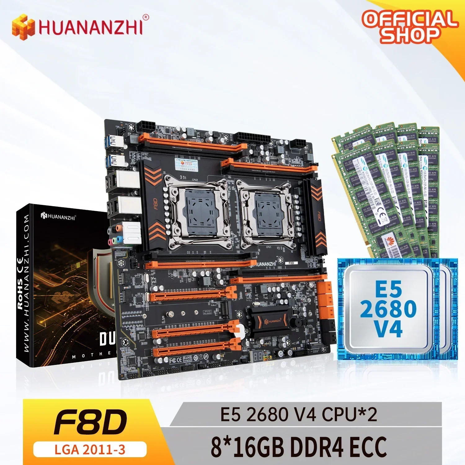 HUANANZHI X99 F8D LGA 2011-3 XEON X99 Motherboard with Intel E5 2680 V4*2 with 8*16GB DDR4 RECC memory combo kit NVME RU