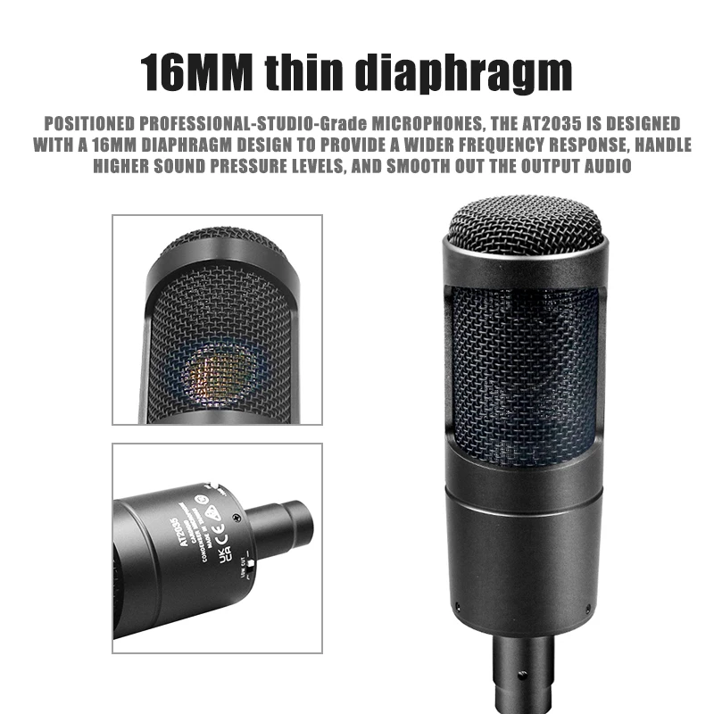 AT2035 Professional Large-Diaphragm Condenser Microphone with High Sensitivity and Low Noise for Studio Recording