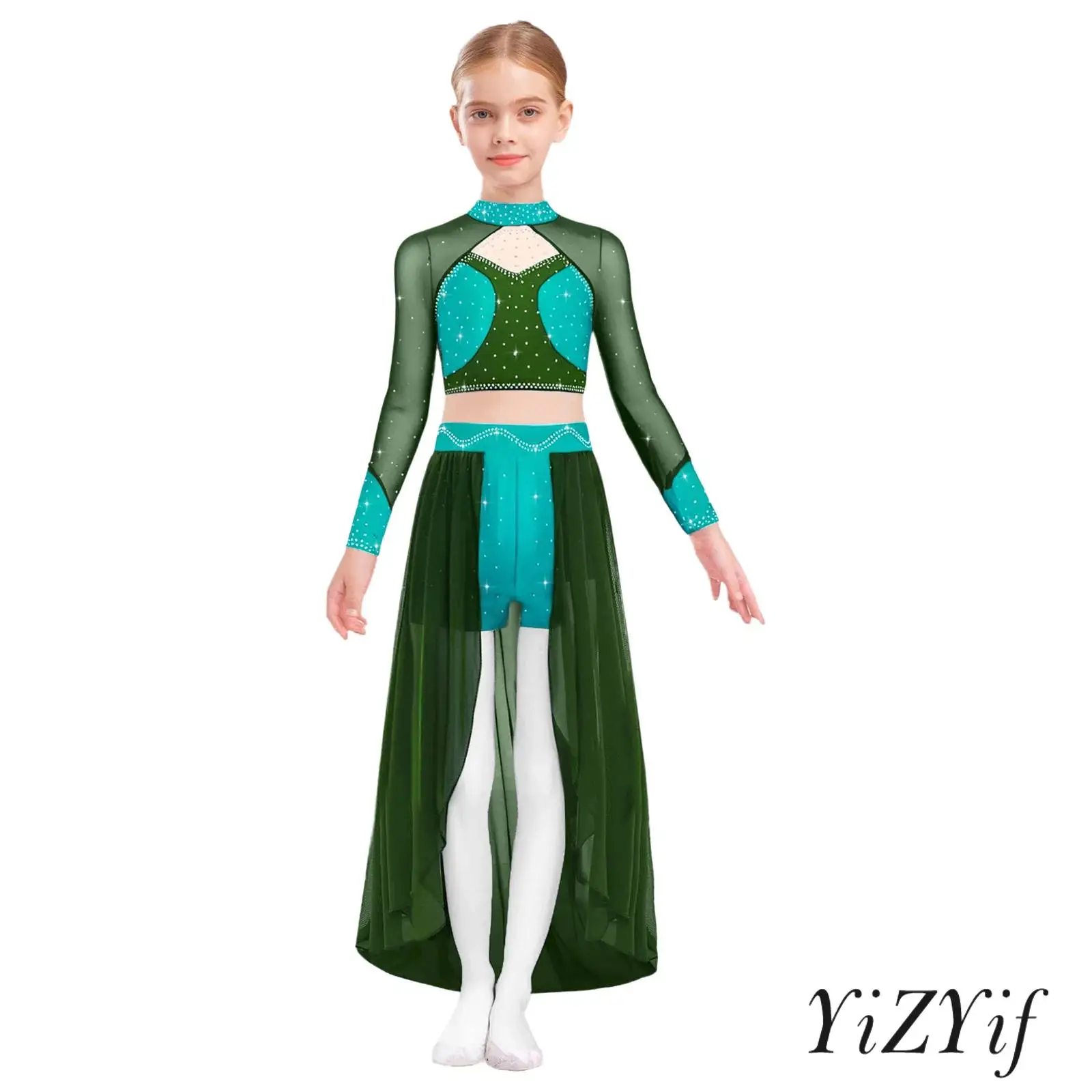 

Kids Girls Lyrical Modern Dance Dress Mock Neck Long Sleeve Sheer Mesh Shiny Rhinestones Dance Crop Top with Asymmetrical Skirt