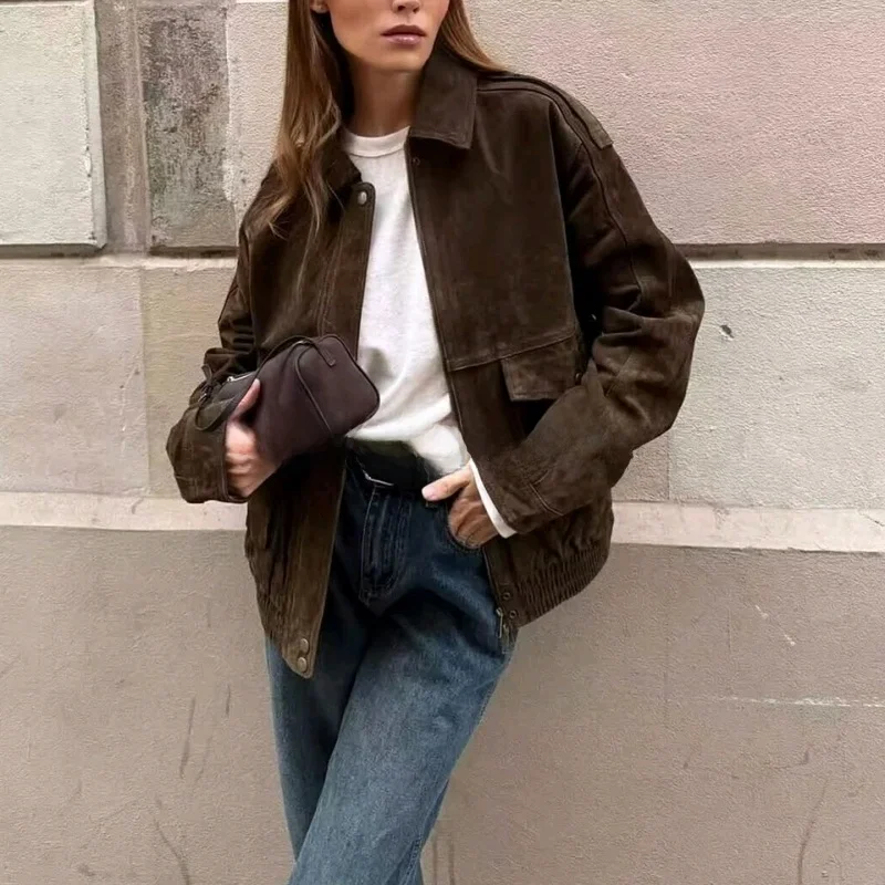 

Fall New Women's American Retro Lapel Long Sve Simple Velvet Texture Loose Flight Jaet Coat Casual Sle Polyester Fiber