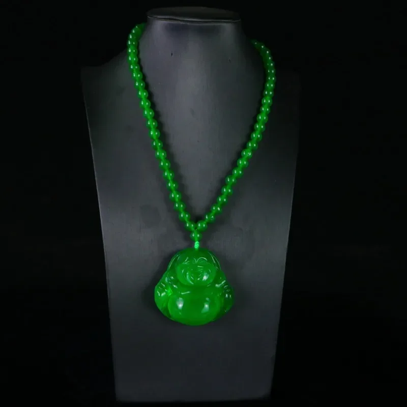 

Natural High Ice Quartzite Jade Maitreya Buddha Pendant Necklace