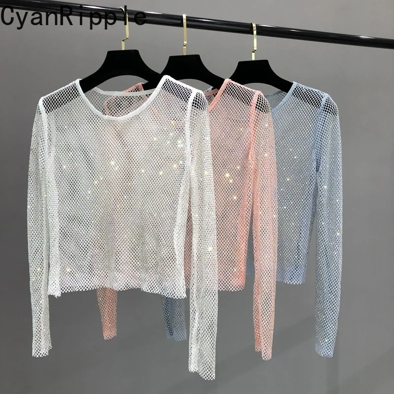 

Blingbling Colored Diamond Mesh Long Sleeve T-shirt Round Neck Sexy Hollow Out Pullover Top Hot Drilling Slimming Basic Tees