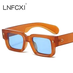 LNFCXI New Square Sunglasses Men Vintage Rivets Trending Clear Ocean Blue Gradient Lens Shades UV400 Women Punk Sun Glasses