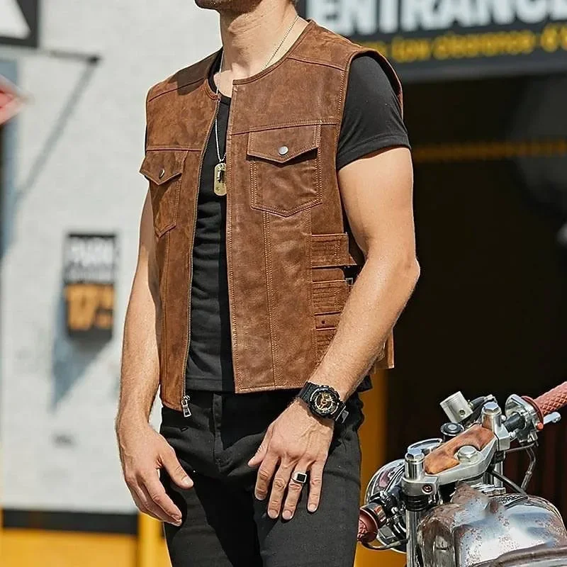 2023 Vintage Brown Motorcycle Vests Men Zipper Pockets Leather Jacket All-match Sleeveless Men's Riding Vest Motor Biker Jackets