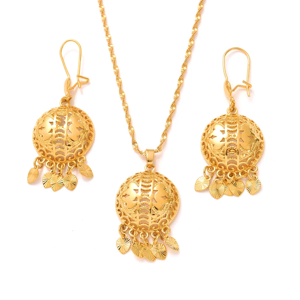 Dubai Gold Color Necklace Earring Set Party Jewelry Sets Round Gift Charms Girls Kid Jewelry