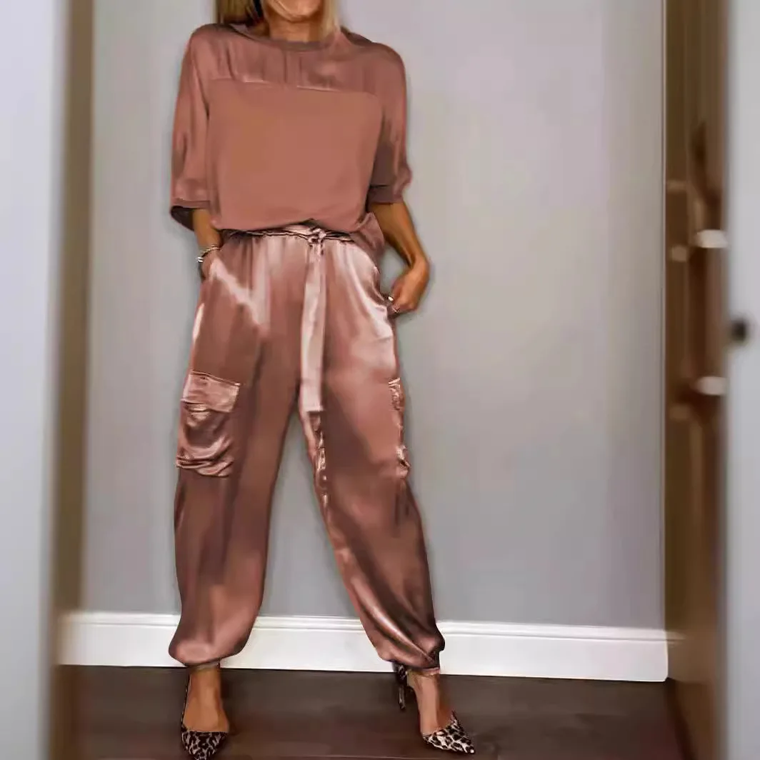 Spring Summer Satin 2 Piece Set Women Casual Solid Color 2 Piece Outfit Half Sleeve Tops Loose Fit Pants Suit Two Piece Sets