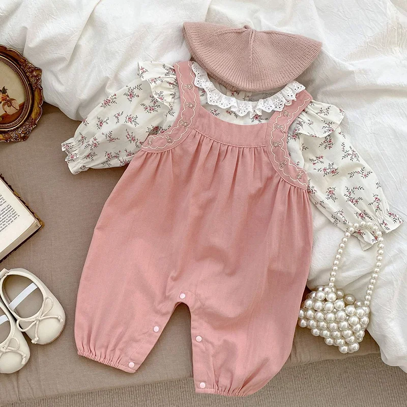 

2024 New Spring Infant Baby Girl Clothes Set Long Sleeved Cotton Printed Shirt+Suspender Pants Children Clothing Suit