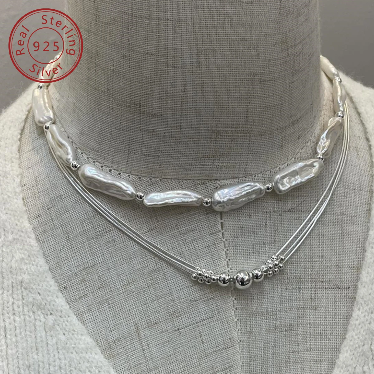 

925 silver natural Baroque freshwater pearl small silver bar necklace and multi-layer balls necklace, minimalist style