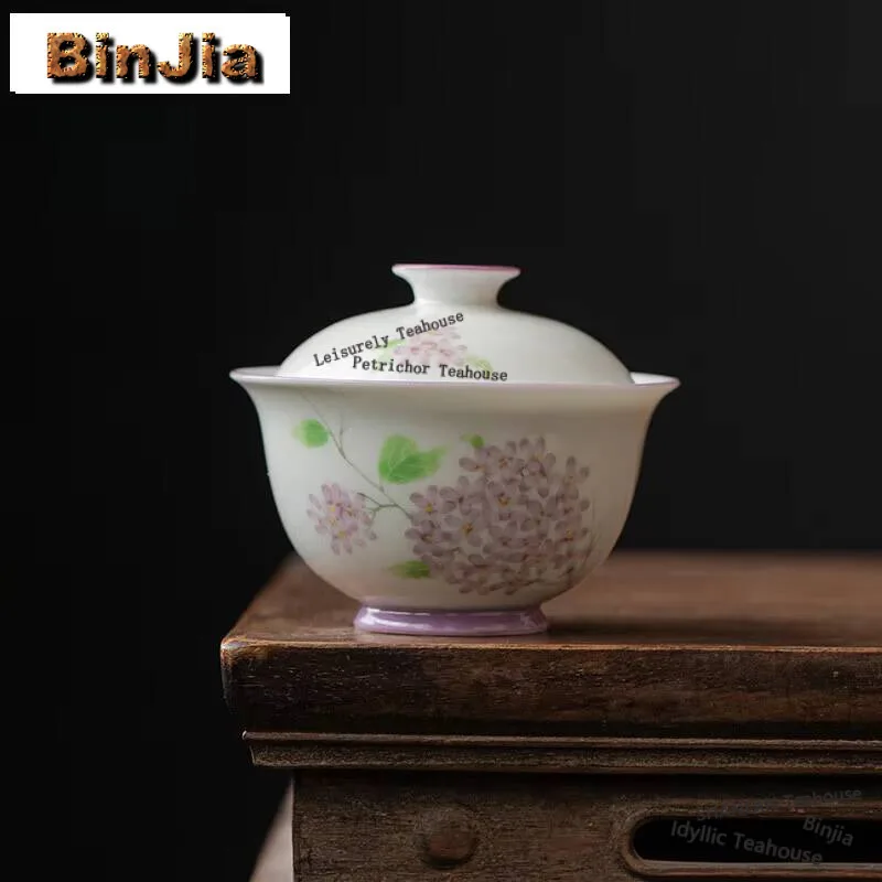 100ml Jade Mud Handmade Cover Bowl Handpainted Wisteria Flowers Gaiwan Elegant Tea Tureen Tea Making Vintage Teaset Craft Gifts