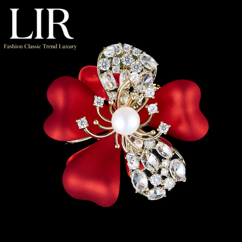 

LIR Новая женская брошь: красно-синяя опция, полый китайский красный цветок, натуральный пресноводный жемчуг, противоскользящая