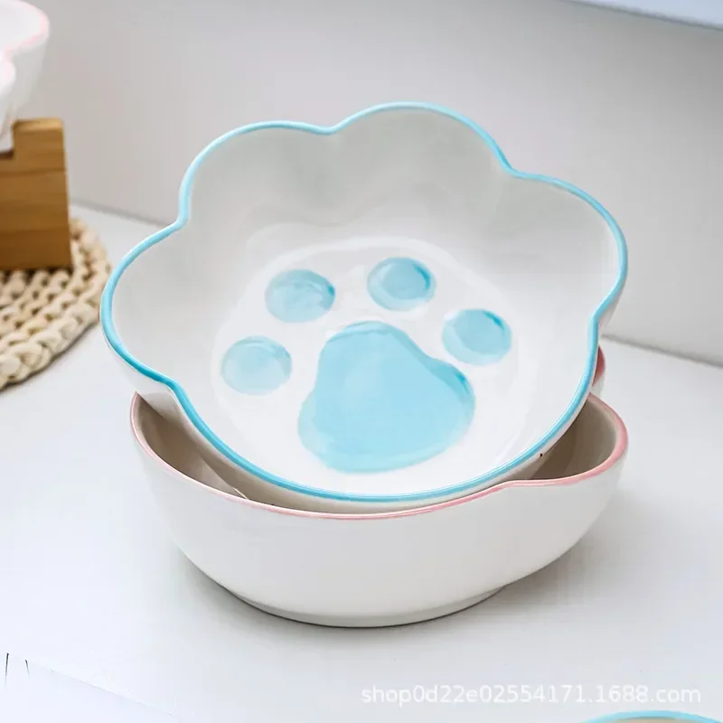 Cute Cat Dog Bowl Ceramic Pet Bowl with Bamboo Stand Cat Paw Shape Pet Drinking Bowl Food Container Cat and Dog Feeding Supplies