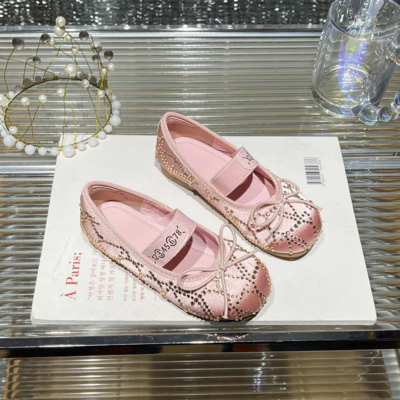 Girls' Leather Shoes 2024 Kid's New Water Rhinestone Bow Shoes Child Treasure Princess Shoes Children's Sweet Elastic Flat Shoes