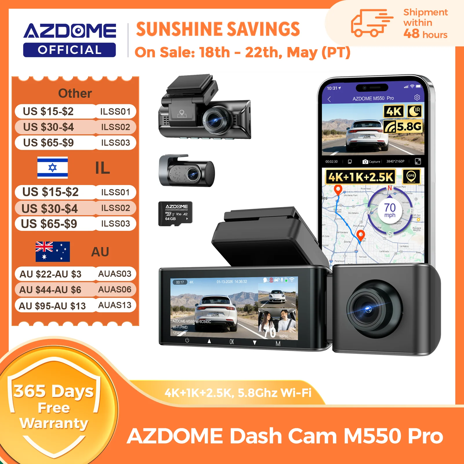 AZDOME M550 Pro Dash Cam coche DVR 5,8 Ghz WiFi 3,19 "IPS 2 o 3 canales cámara de salpicadero GPS visión nocturna Dual 4K + 1080P Monitor de estacionamiento
