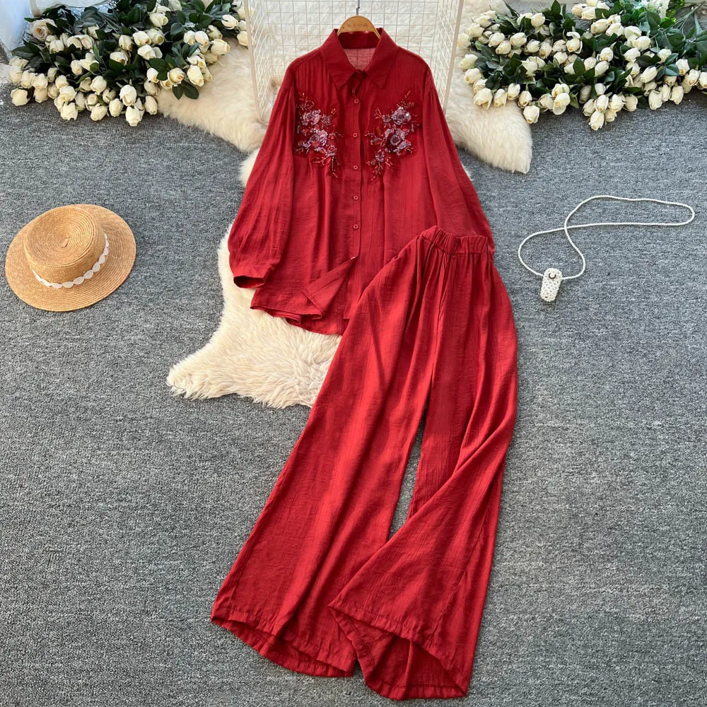 

Women Two Pieces Pant Sets Solid Matching Set Embroidery Long Sleeve Shirt Elastic Waist Wide Leg Pants Loose Casual 2026 Spring