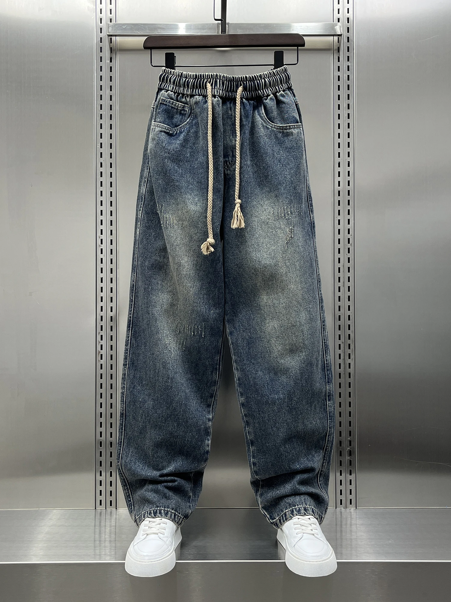 

Retro Washed Blue Denim Jeans Men's Loose Wide Leg Casual Long Trousers Straight Tube Pants Spring 2026 Trendy Wear