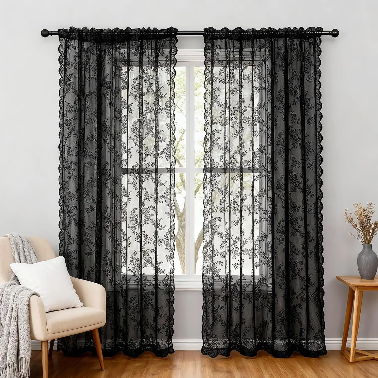 Vintage Lace Sheer Curtain Romantic Floral Sheer Semi Window Drapes for Living Room 2 Panels Rod Pocket Shades Curtain