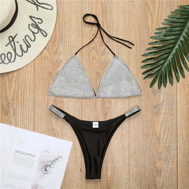 Chic Sparkling Crystal Bikini Set Classic Triangle Cut Sexy Rhinestone Tie-side Bikini Set Summer Fashion Women's Beach Swimwear