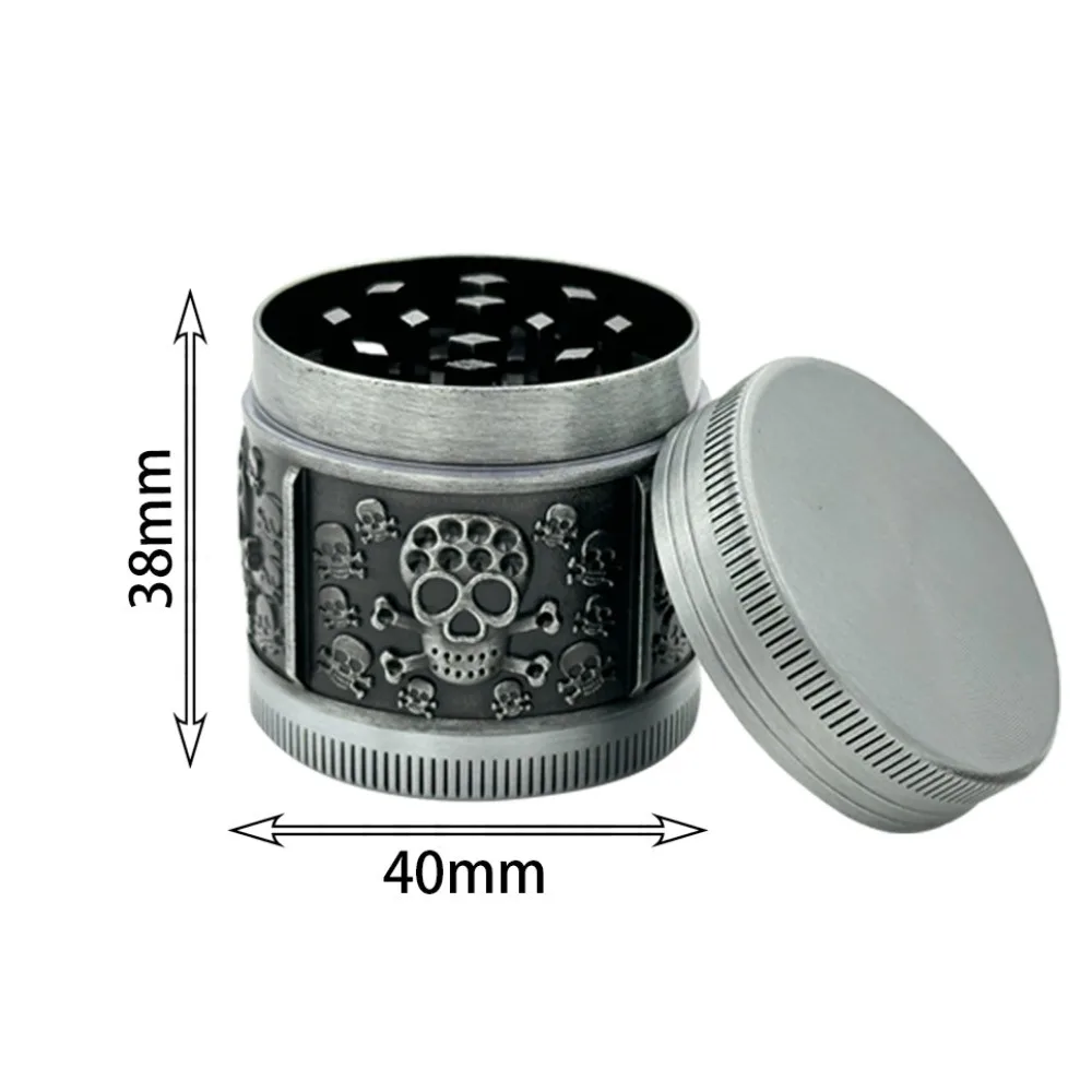 40mm Cool Skeleton Shaped 4-Layer Metal Herb Grinder Manual Rotary Spice Crusher Portable Smoking Accessory for Home & Travel