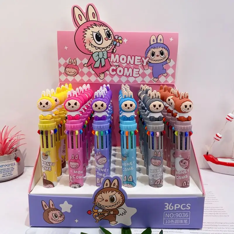 labubu caneta esferografica multicolor papelaria escolar presentes de aniversario para amigos kawaii novo 10 cores 07 mm 36 unidades 01