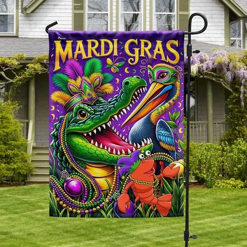 Mardi Gras Alligator Pelican and Crawfish Double-sided Garden Flag Decor Gift ZZO EEZ