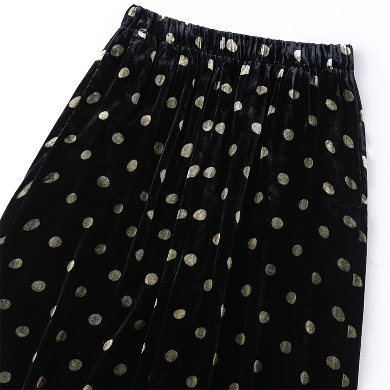 Velvet Silk Women Pants 100% Mulberry Silk Lining Black Polka Dots Wide-leg Casual Trousers 2026 Autumn M1791