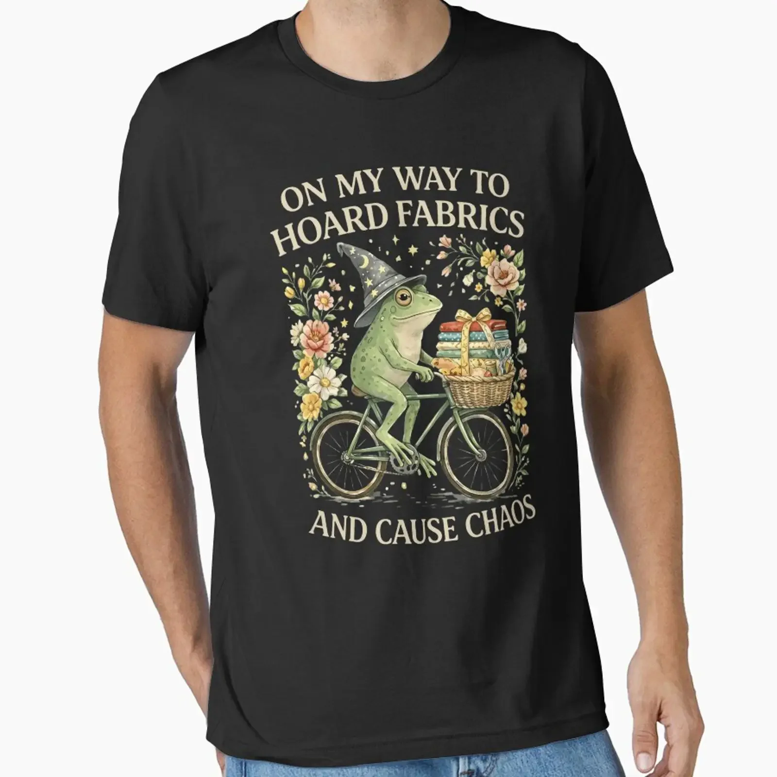 Funny Frog Wizard Riding Bicycle Hoarding Fabrics Sewing Quilting Essential T Shirt vintage Washed Comfortable