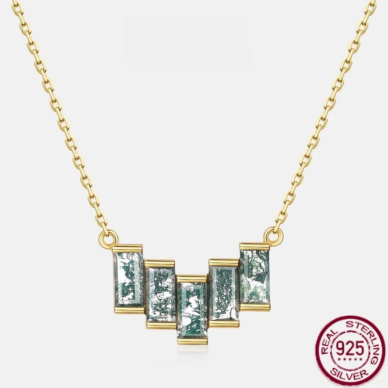 

New S925 sterling silver rectangular V-shaped design green moss stone natural water grass agate necklace wedding jewelry