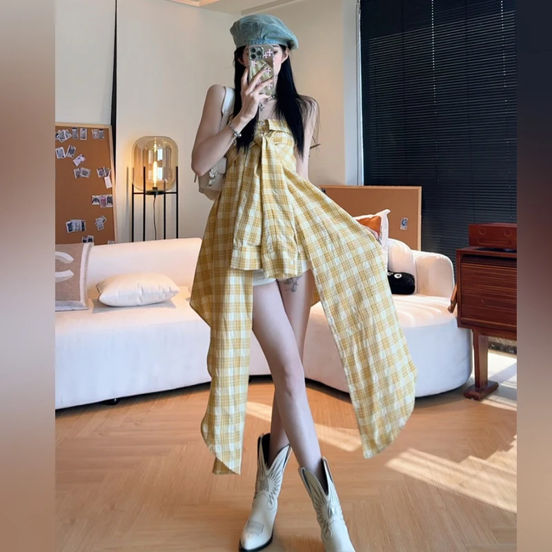 Yellow Checkered Mid Length Suspender Tops Summer Women's Tank Top Irregular Twisted One Shoulder Spicy Girl Sexy Top